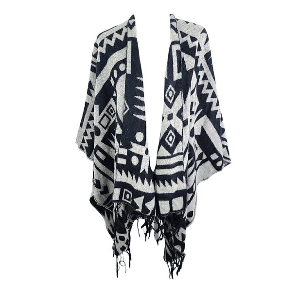 Black Gray Navajo Aztec Tribal Pattern Fringe Poncho Wrap Drape Cardigan - Picture 1 of 4